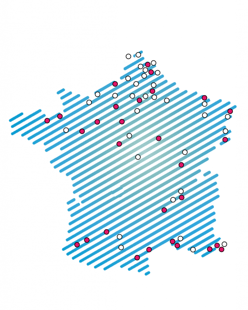 Carte de France des 33 campus BIOPYK Campus ouverts a la rentree du 21 septembre 2026 (points blancs) et des 29 ouvertures prevues le 7 decembre 2026 (points roses).